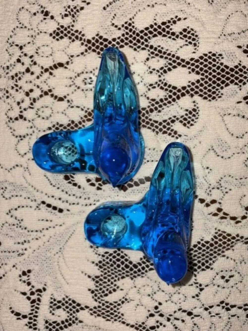 Pair of VTG Blue Bird of Happiness Art Glass Taper Candle Holders Ron Ray 1988